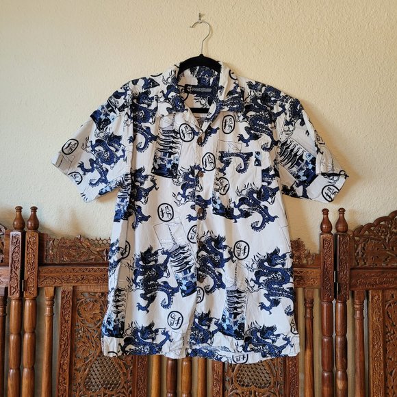 Y2K Japanese IAsian Dragon Themed Cotton Button-Down - Picture 1 of 6